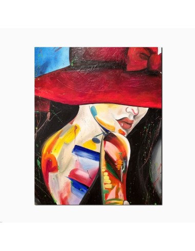 This painting of a woman with a red hat exudes both elegance