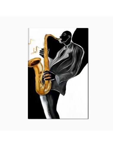 Cuadro pintado a mano musica musico de jazz sax blanco y negro